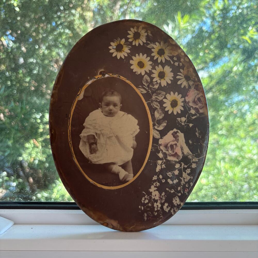 Antique 1900s Celluloid Tin Baby Photo Floral Oval Plaque